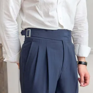 Men's High-Waisted Tailored Trousers: Pleated Front, Adjustable Buckle