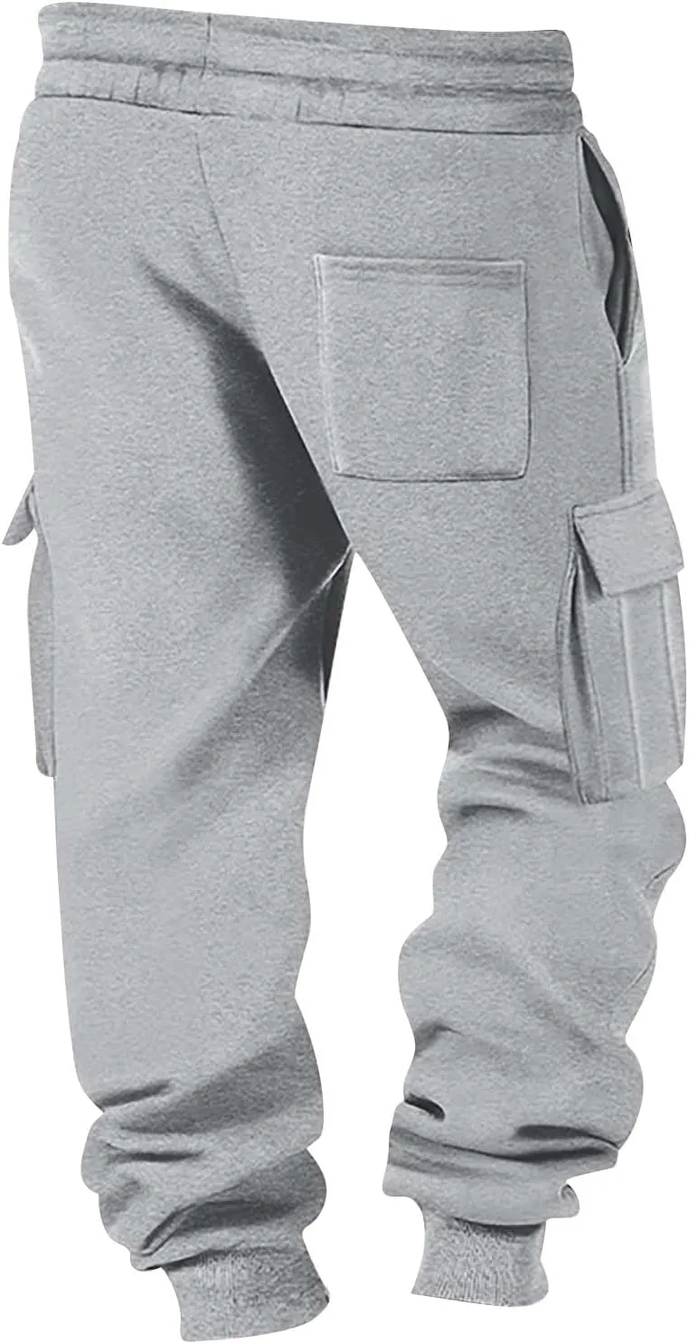 Mens Hiking Cargo Pants Large Elastic Waist Pants with Multi-Pocket Fit Drawstring Wide Trousers