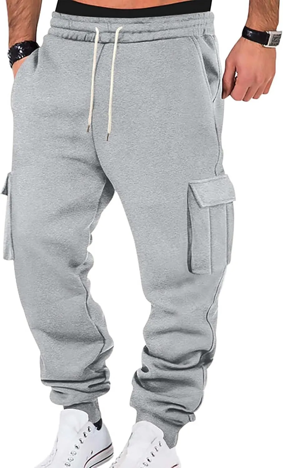 Mens Hiking Cargo Pants Large Elastic Waist Pants with Multi-Pocket Fit Drawstring Wide Trousers