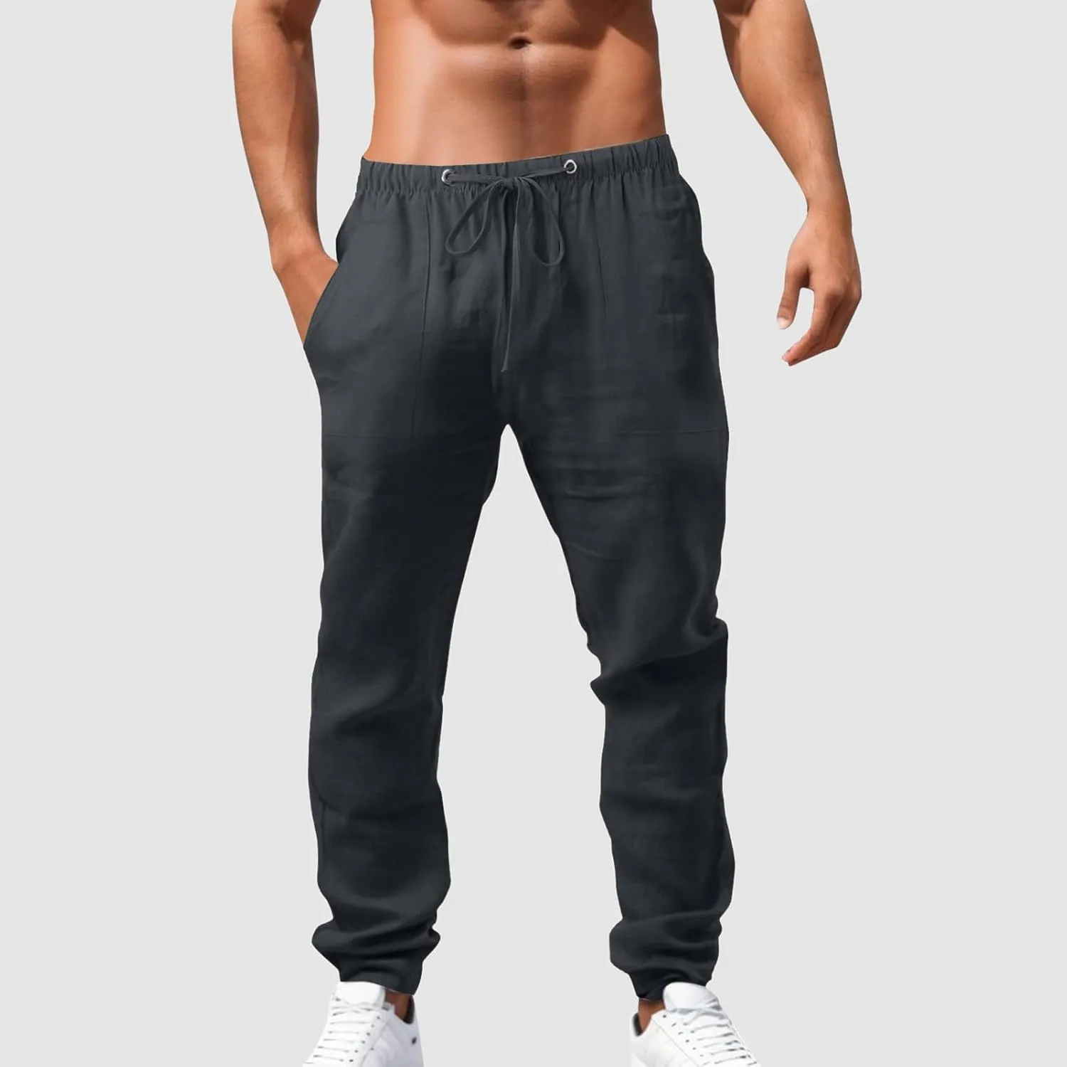 Mens Lightweight Casual Linen Pants Elastic Waist Drawstring Tactical Pants Workout Trousers with Pocket