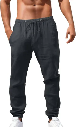 Mens Lightweight Casual Linen Pants Elastic Waist Drawstring Tactical Pants Workout Trousers with Pocket