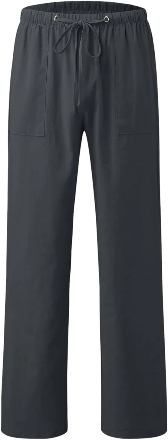 Mens Lightweight Casual Linen Pants Elastic Waist Drawstring Tactical Pants Workout Trousers with Pocket