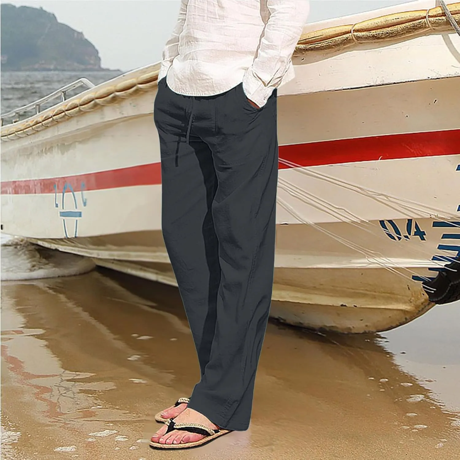 Mens Lightweight Casual Linen Pants Elastic Waist Drawstring Tactical Pants Workout Trousers with Pocket