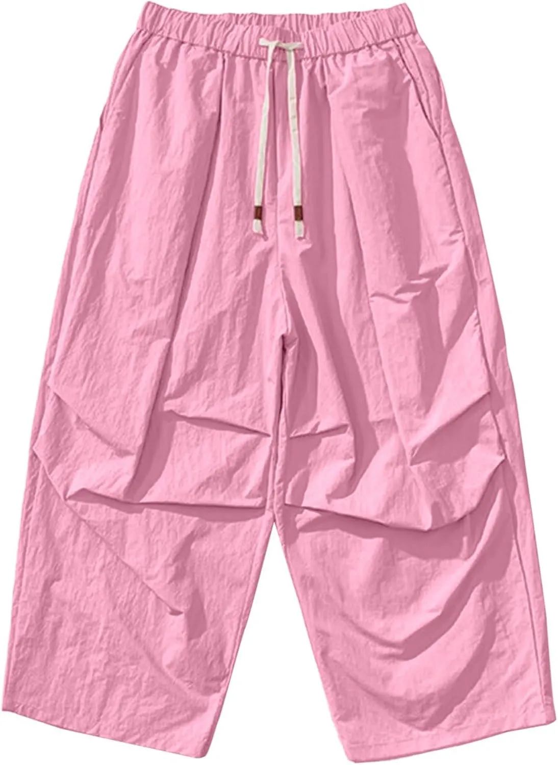 Men's Linen Pants, Casual Trendy Loose Fit Wide Legs Pants Solid Color Drawstring Elastic Waisted Pants with Pockets