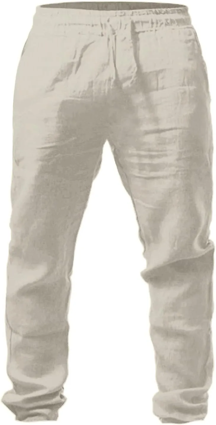 Mens Linen Pants Elastic Wasist Drawstring Lightweight Loose Trousers Summer Casual Pants with Pockets