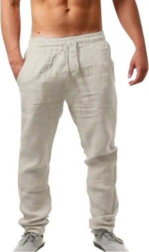 Mens Linen Pants Elastic Wasist Drawstring Lightweight Loose Trousers Summer Casual Pants with Pockets