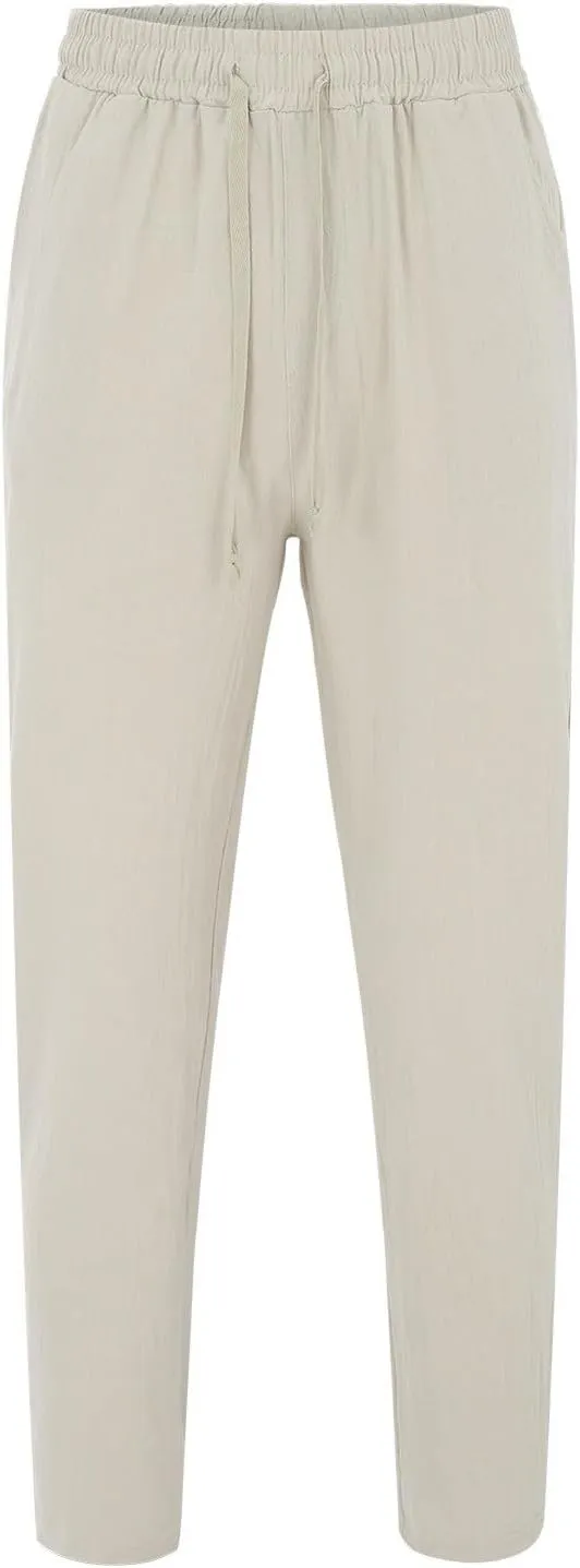 Mens Linen Pants Elastic Wasist Drawstring Lightweight Loose Trousers Summer Casual Pants with Pockets