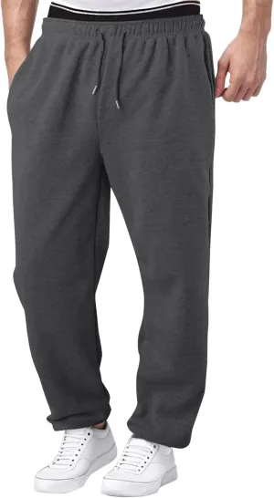 Mens Sweatpants Heavyweight Fleece Cargo Pants, Casual Stretch Elastic Waist Workout Jogger Wide Leg Drawstring Trousers