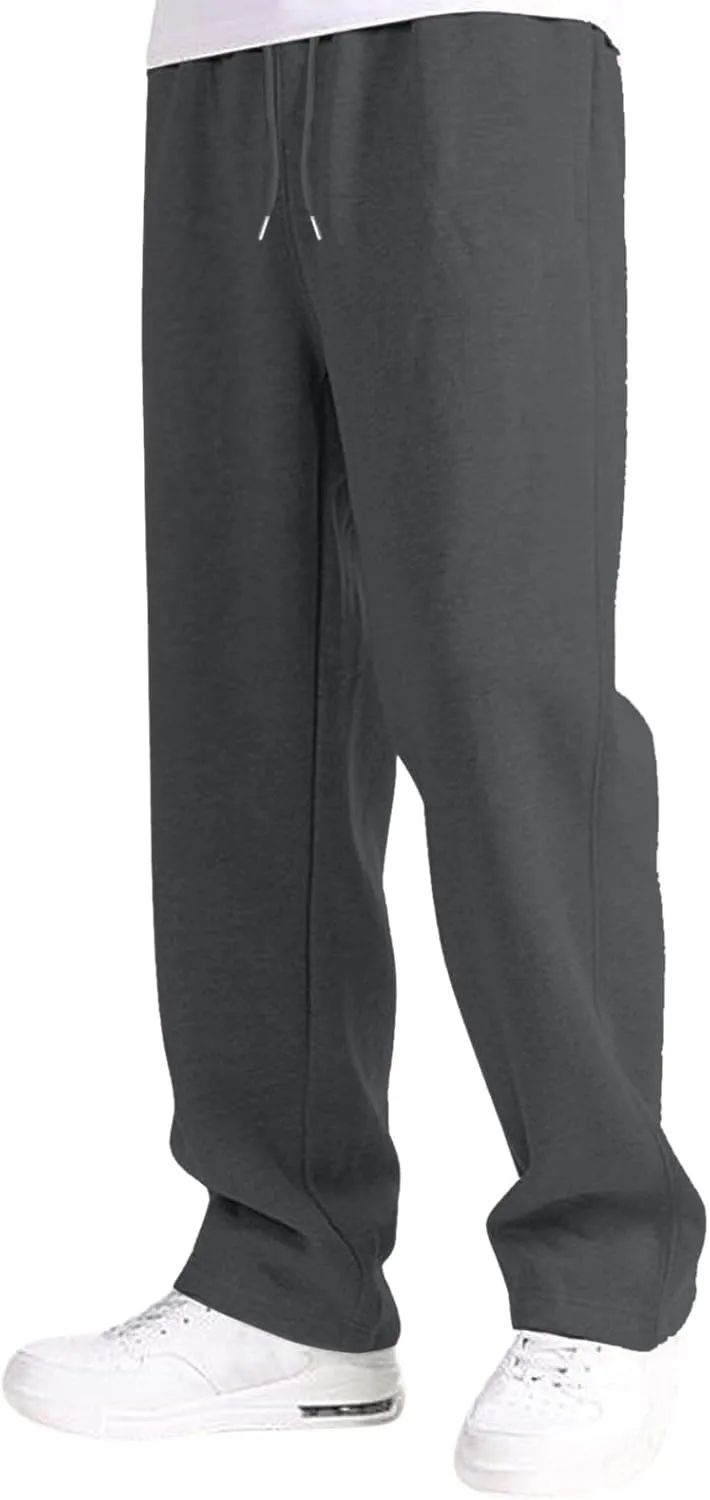 Mens Sweatpants Heavyweight Fleece Cargo Pants, Casual Stretch Elastic Waist Workout Jogger Wide Leg Drawstring Trousers