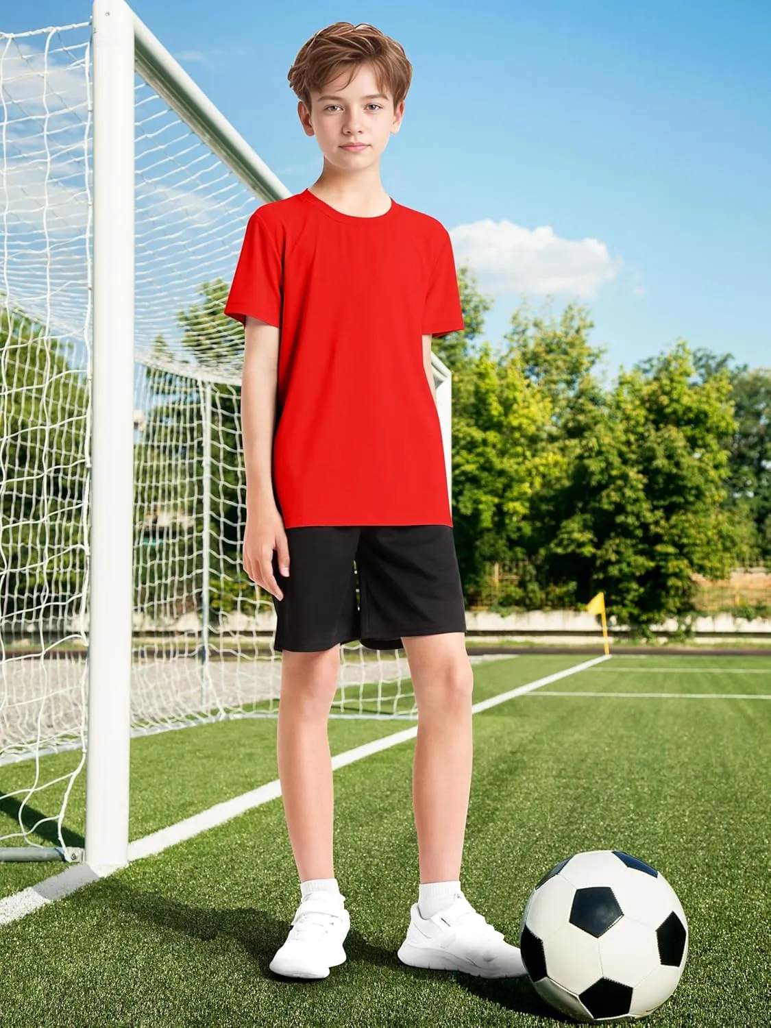 Poroka 5 Packs Boys Shirts Youth Mesh Quick Dry-Fit Athletic Performance T-Shirt Moisture Wicking Active Shirts for Boys