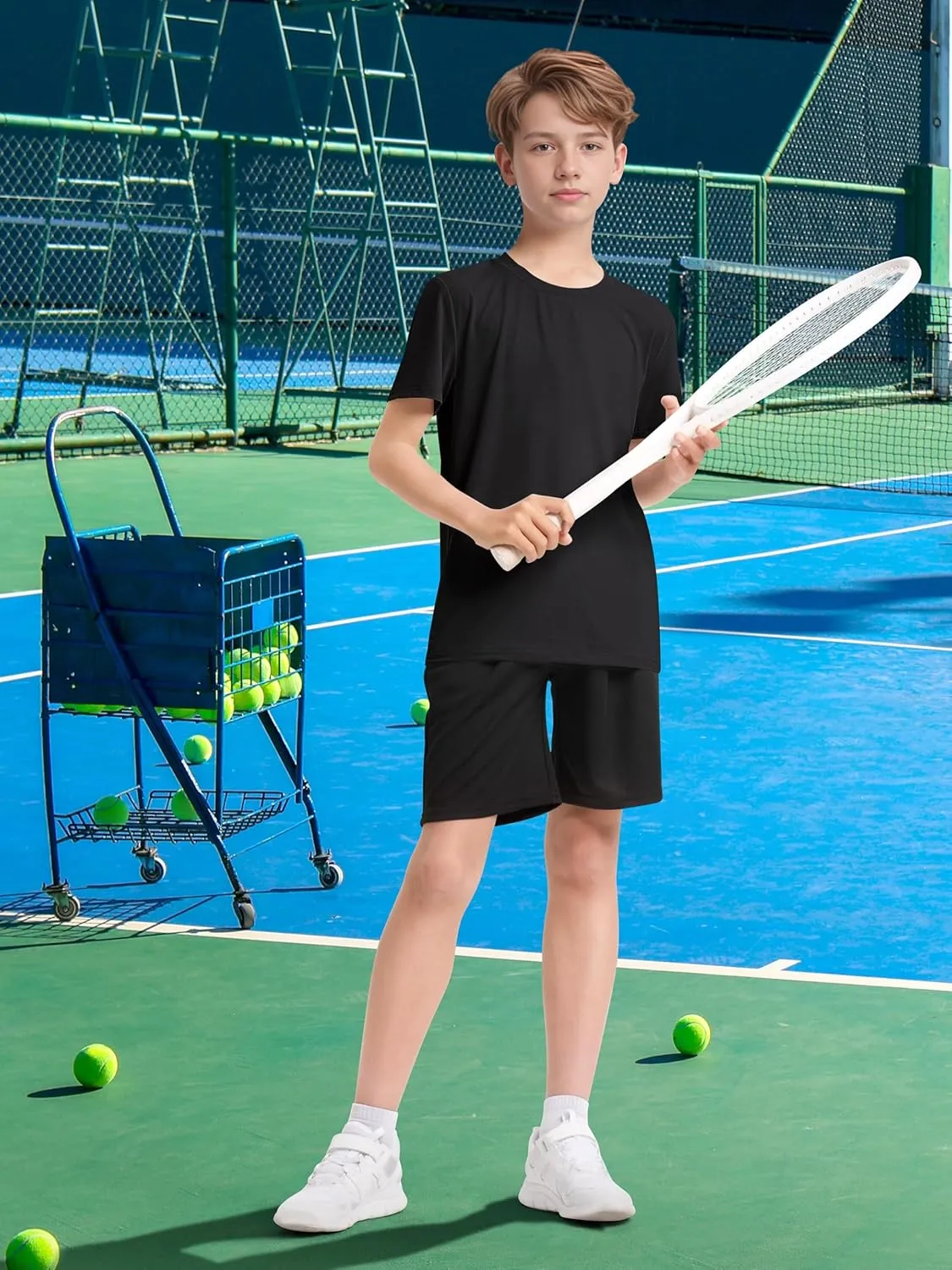 Poroka 5 Packs Boys Shirts Youth Mesh Quick Dry-Fit Athletic Performance T-Shirt Moisture Wicking Active Shirts for Boys