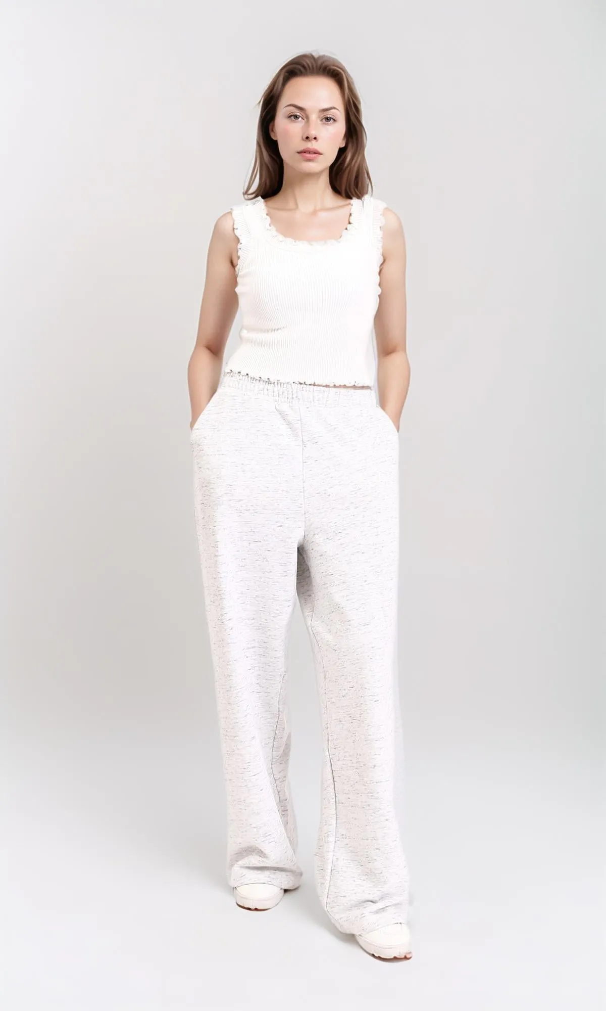 R210703 - Slip On Comfy Wide Leg Pants - Heather Light Grey