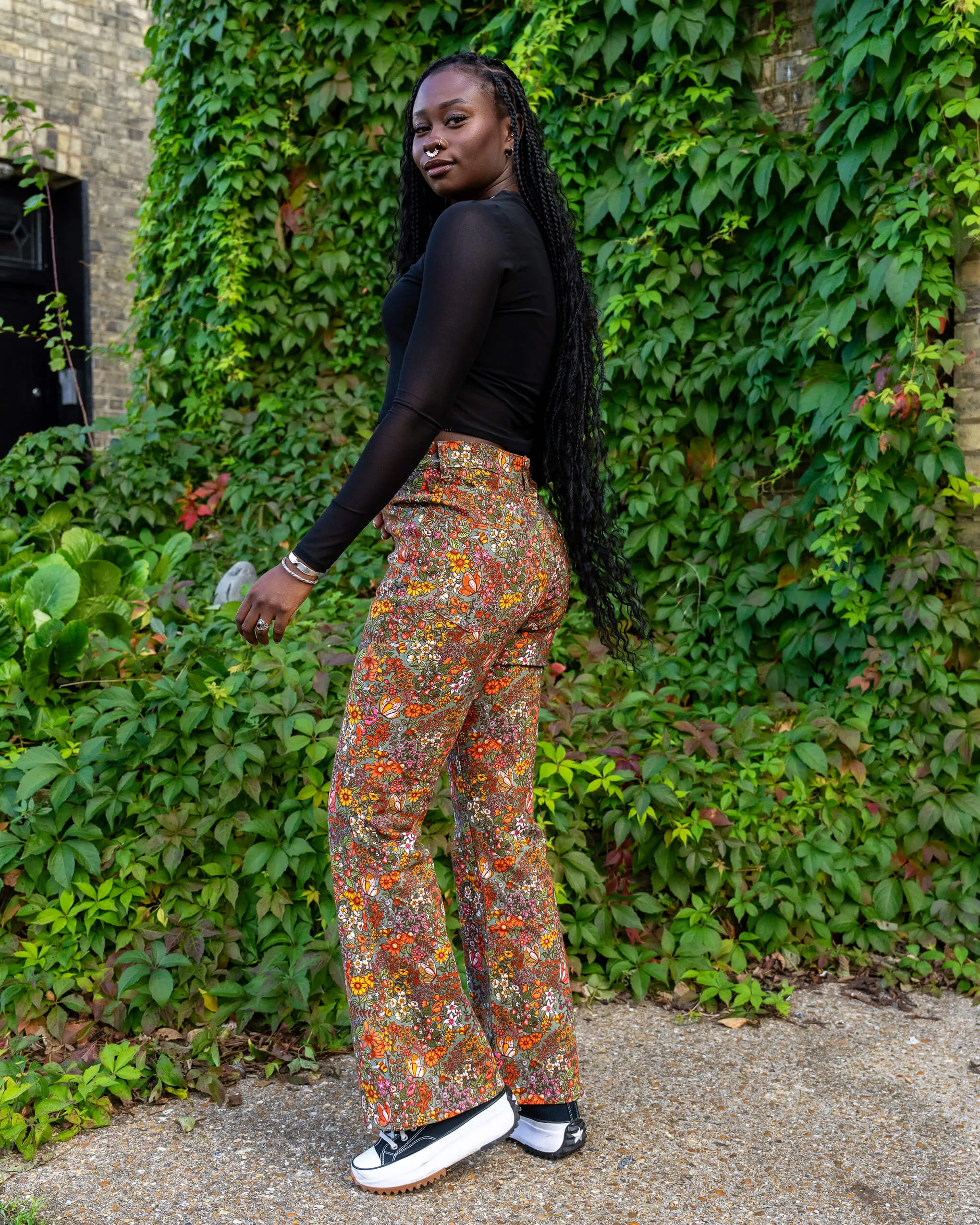 Run & Fly - Cottagecore Garden High Waisted Bell Bottom Flares