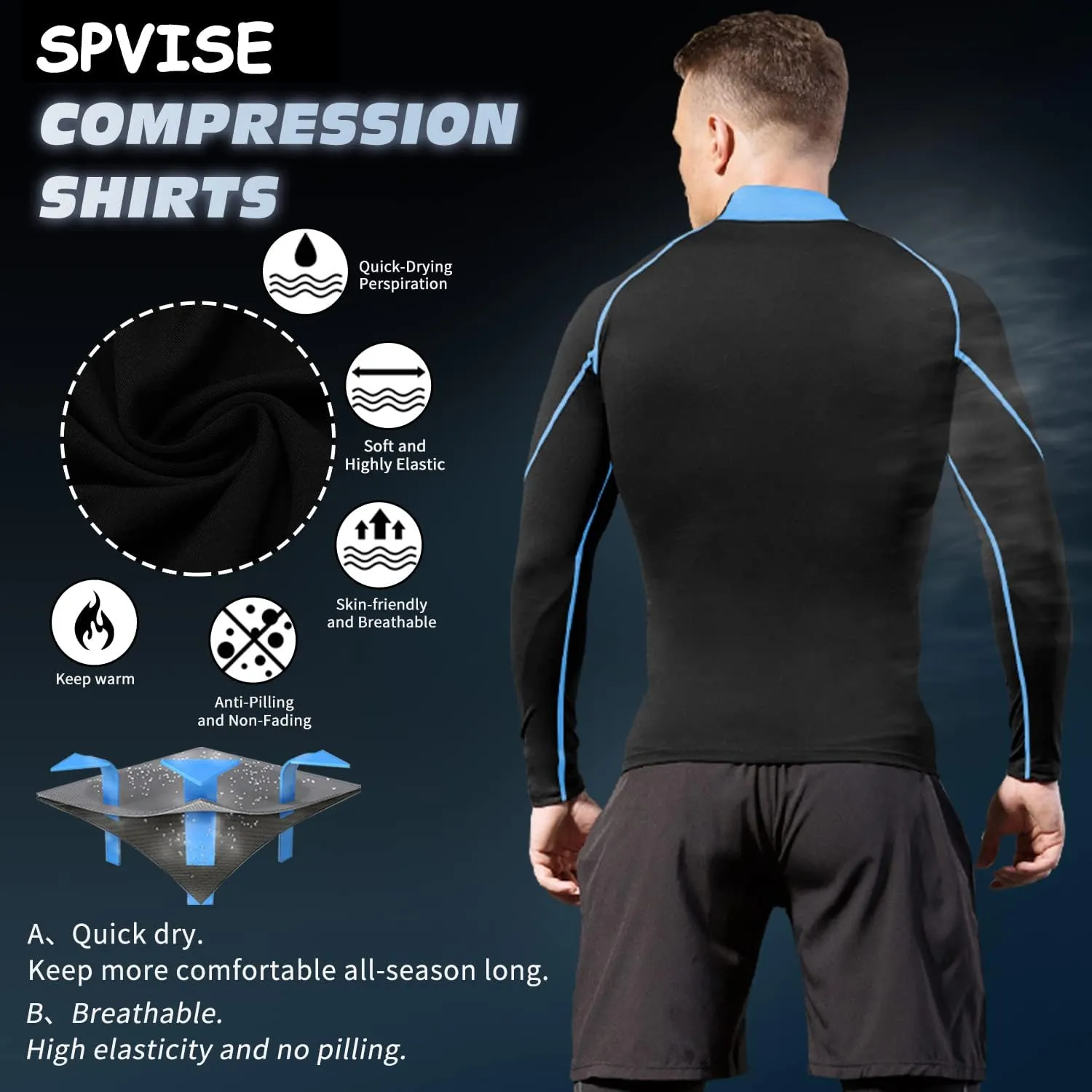 SPVISE 1 or 2 Pack Men's Compression Shirts Long Sleeve Athletic Workout T-Shirts Cool Dry Undershirts Turtle Neck Gym Tops