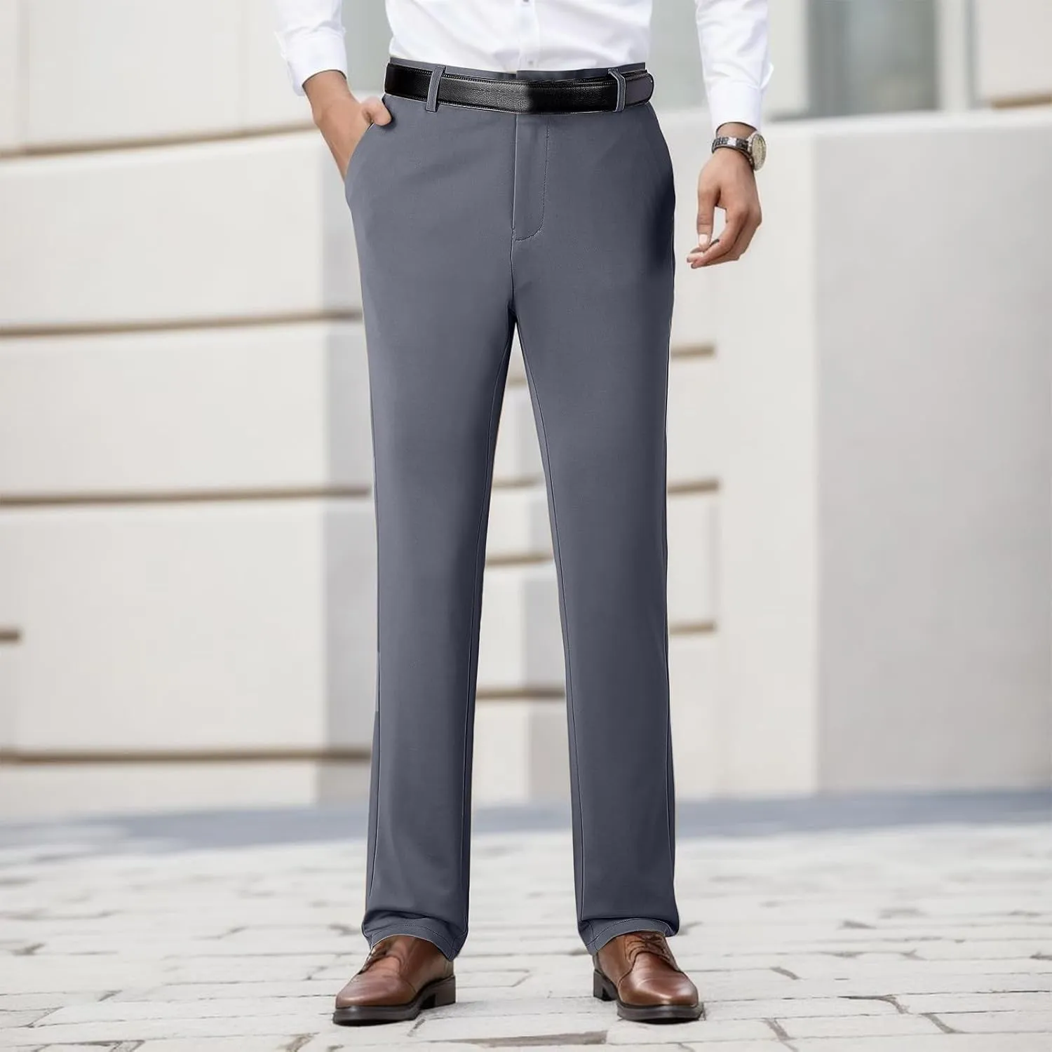 Tall Men's Casual Linen Pants, Summer Elastic Waist Straight Leg Loose Fit Beach Slacks, Business Non Ironing Pants