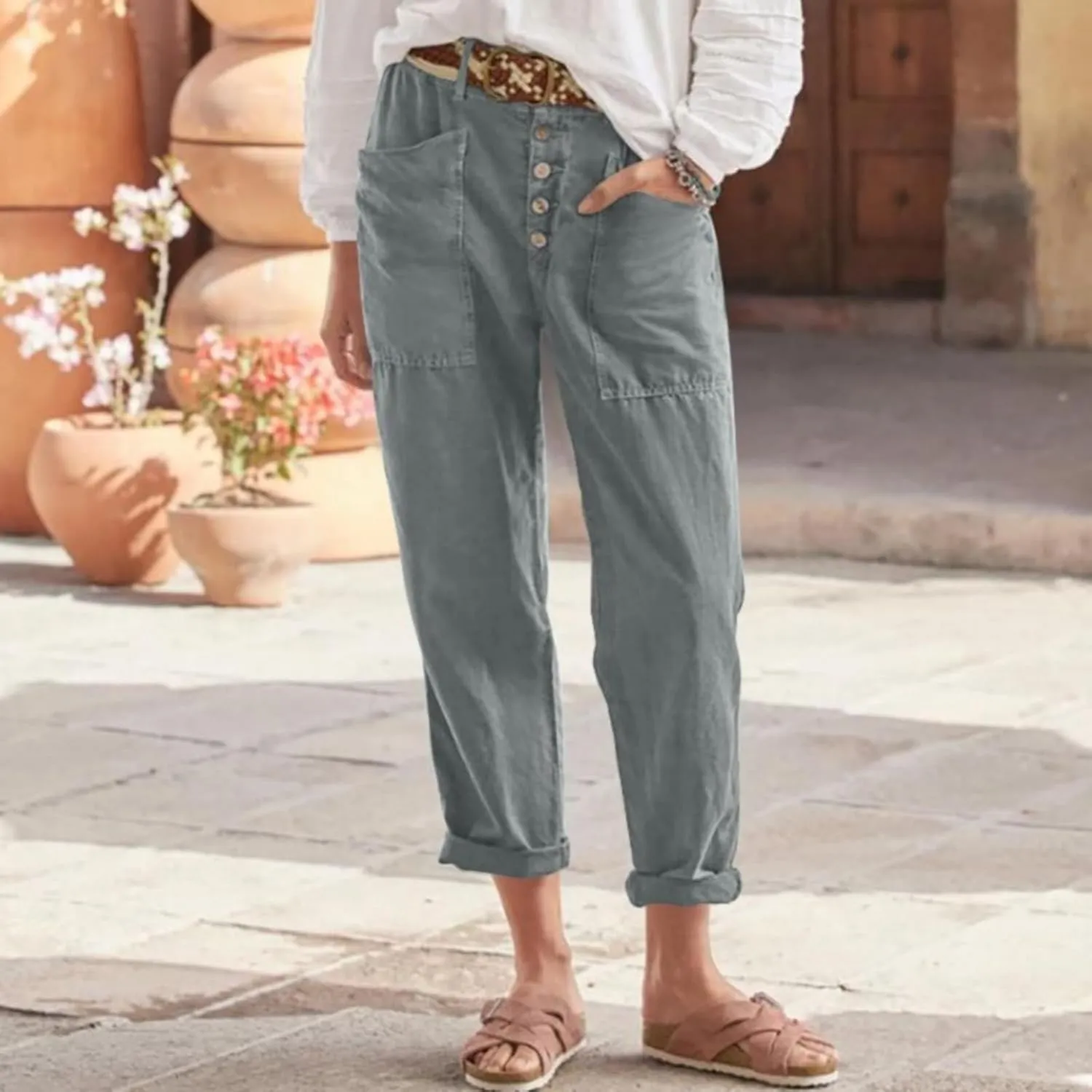 Trendy Button-Fly Straight Leg Pants for Women 2024 Spring Cotton Linen High Waist Lounge Slacks Plus Size Solid Casual Pants