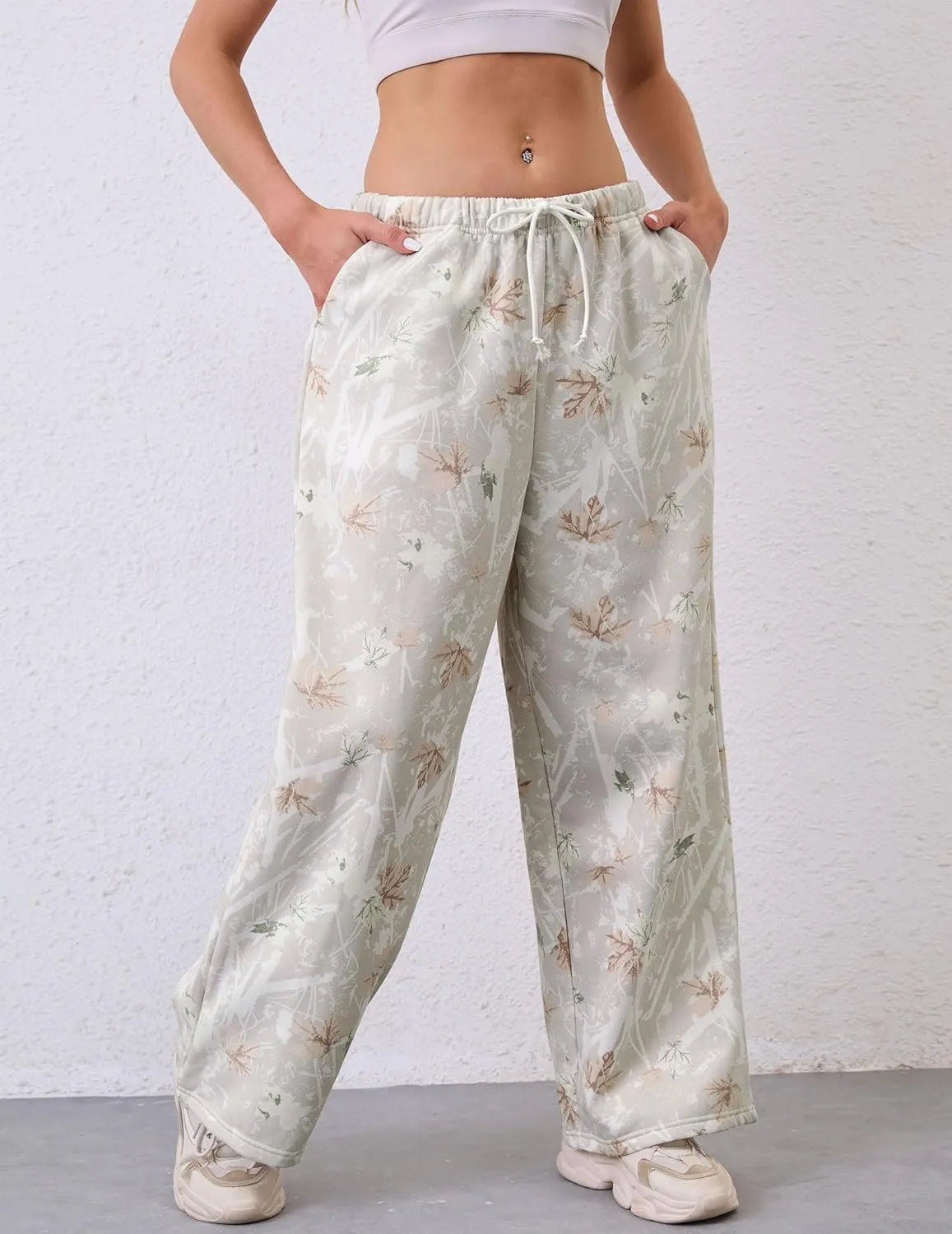 Women Wide Leg Camo Sweatpants High Waisted Drawstring Baggy Jogger Fleece Loose Sweat Pants with Pockets