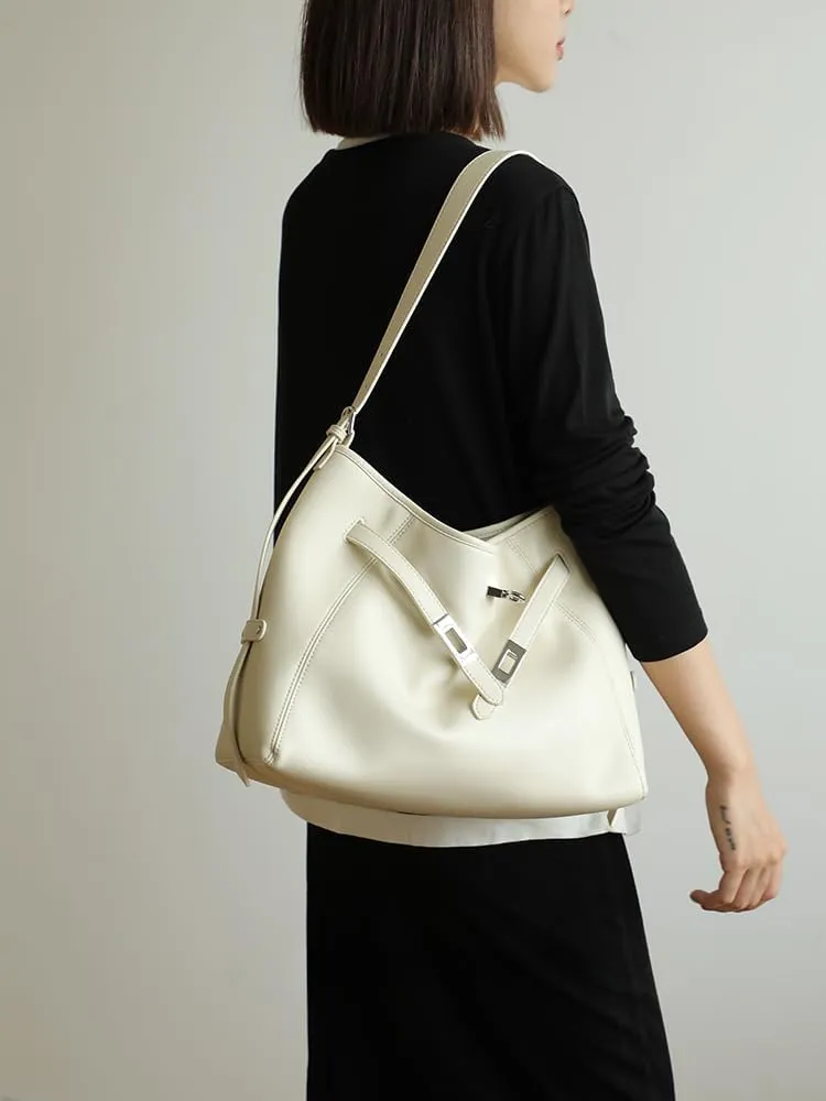 Women's Leather Large Capacity Hobo Shoulder Underarm Crossbody Bag Handbag Buckle Pillow Bucket Bag Totes Versatile