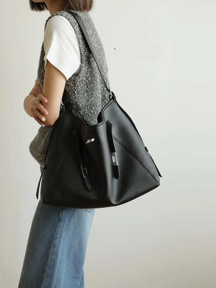 Women's Leather Large Capacity Hobo Shoulder Underarm Crossbody Bag Handbag Buckle Pillow Bucket Bag Totes Versatile