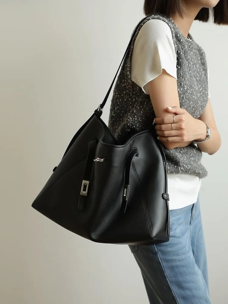 Women's Leather Large Capacity Hobo Shoulder Underarm Crossbody Bag Handbag Buckle Pillow Bucket Bag Totes Versatile