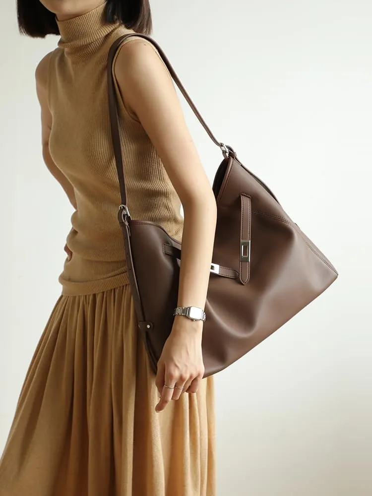 Women's Leather Large Capacity Hobo Shoulder Underarm Crossbody Bag Handbag Buckle Pillow Bucket Bag Totes Versatile