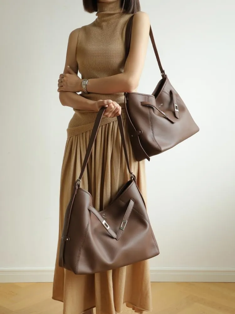 Women's Leather Large Capacity Hobo Shoulder Underarm Crossbody Bag Handbag Buckle Pillow Bucket Bag Totes Versatile