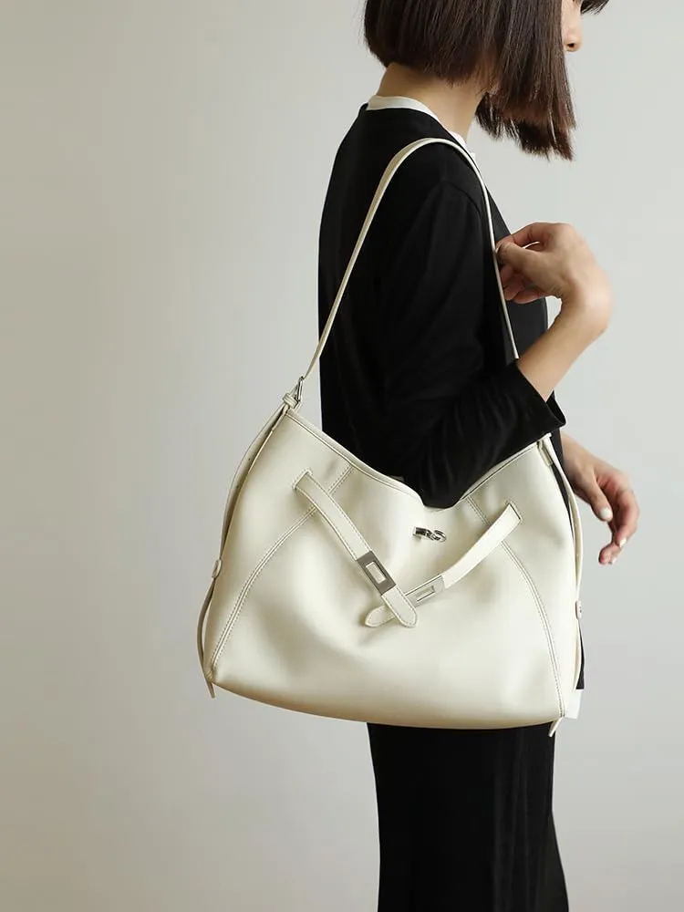 Women's Leather Large Capacity Hobo Shoulder Underarm Crossbody Bag Handbag Buckle Pillow Bucket Bag Totes Versatile