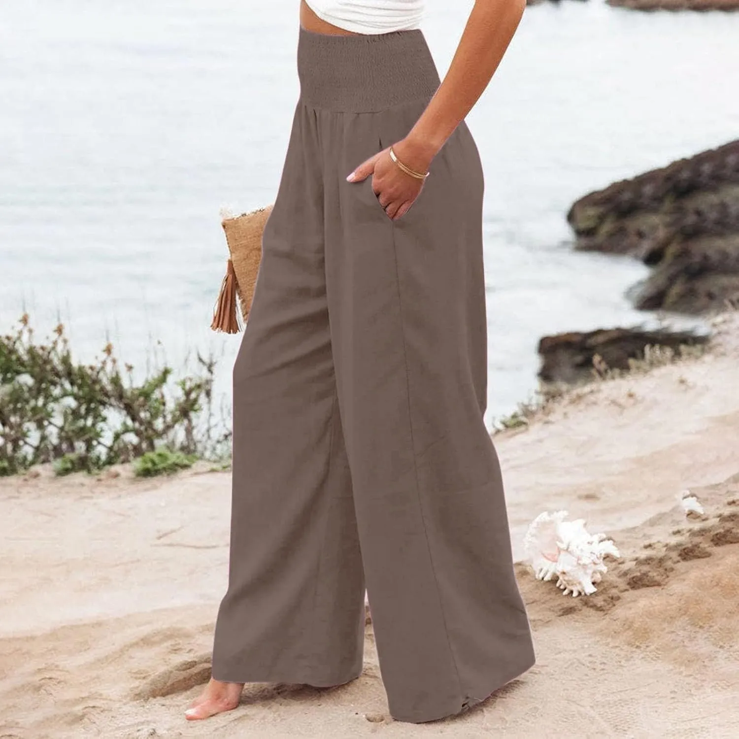 Womens Wide Leg Casual Pants Elastic Pleated Waist High Waisted Joggers Pant Loose Solid Color Trousers with Pocket