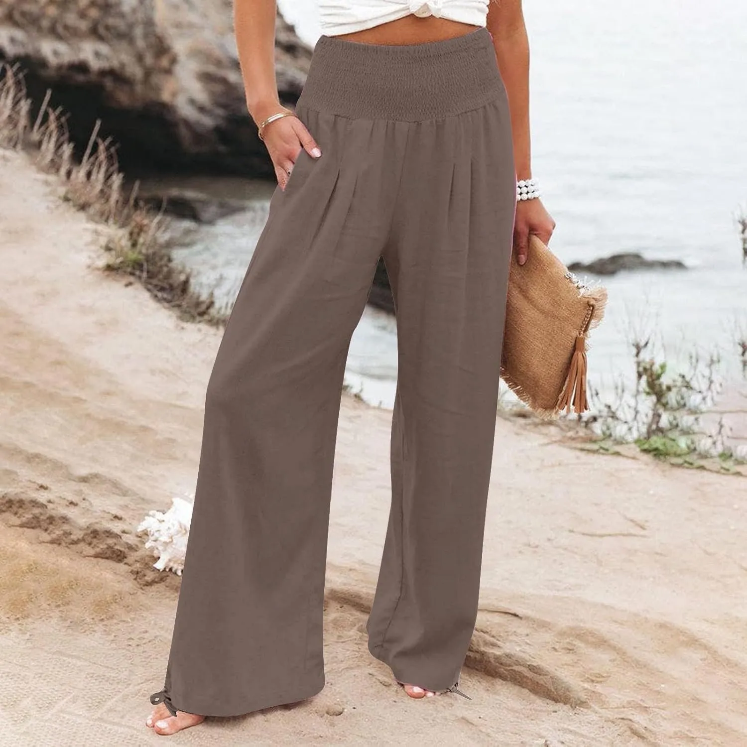 Womens Wide Leg Casual Pants Elastic Pleated Waist High Waisted Joggers Pant Loose Solid Color Trousers with Pocket