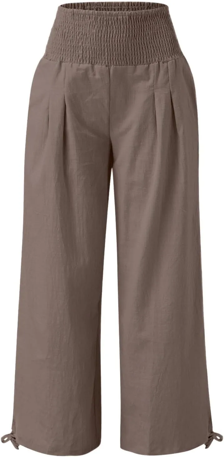 Womens Wide Leg Casual Pants Elastic Pleated Waist High Waisted Joggers Pant Loose Solid Color Trousers with Pocket