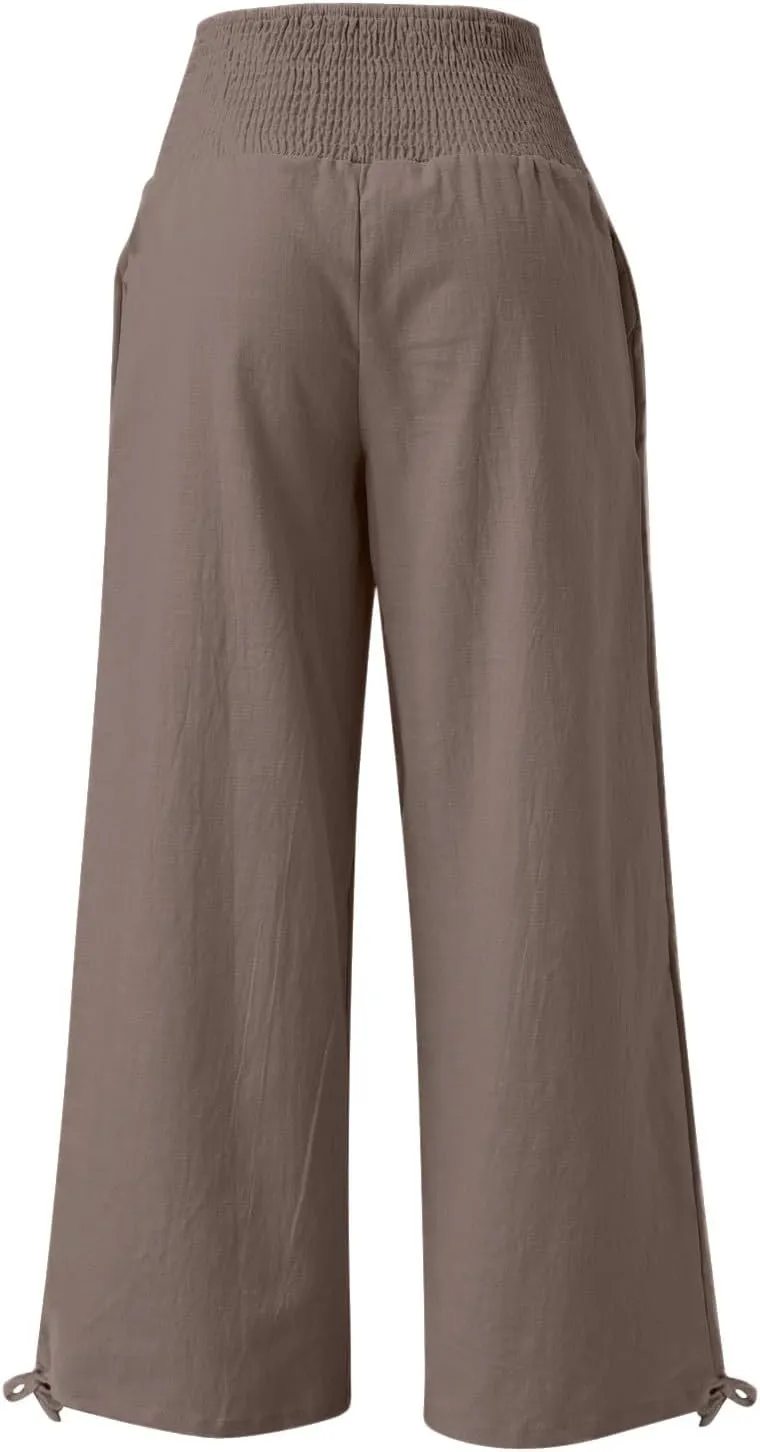 Womens Wide Leg Casual Pants Elastic Pleated Waist High Waisted Joggers Pant Loose Solid Color Trousers with Pocket