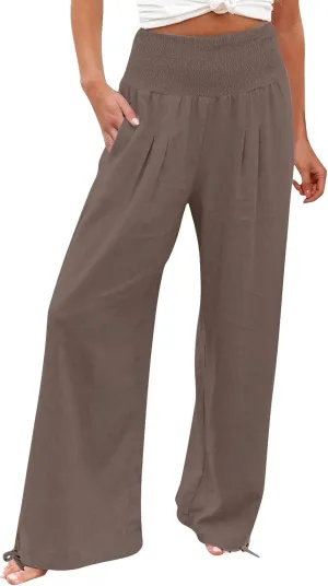 Womens Wide Leg Casual Pants Elastic Pleated Waist High Waisted Joggers Pant Loose Solid Color Trousers with Pocket