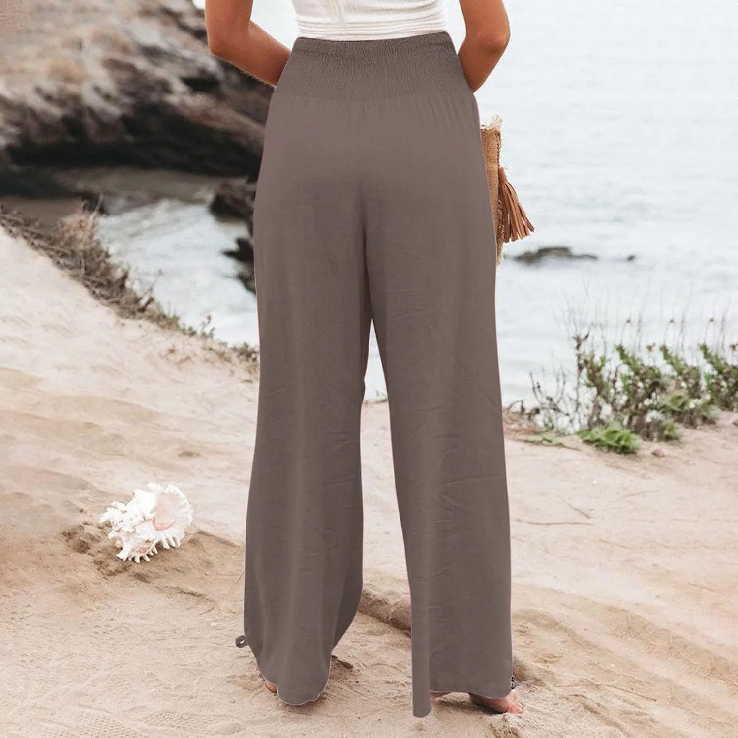 Womens Wide Leg Casual Pants Elastic Pleated Waist High Waisted Joggers Pant Loose Solid Color Trousers with Pocket